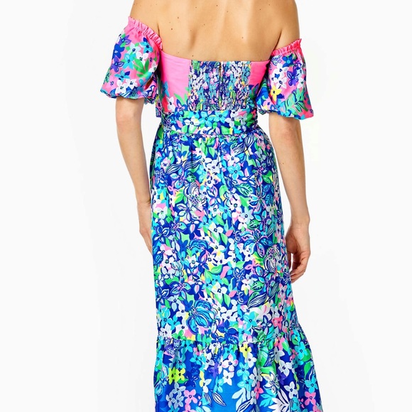 Lilly Pulitzer Zalie Off-The-Shoulder Midi Dress Borealis Blue Social Sunset 14 - Picture 6 of 12